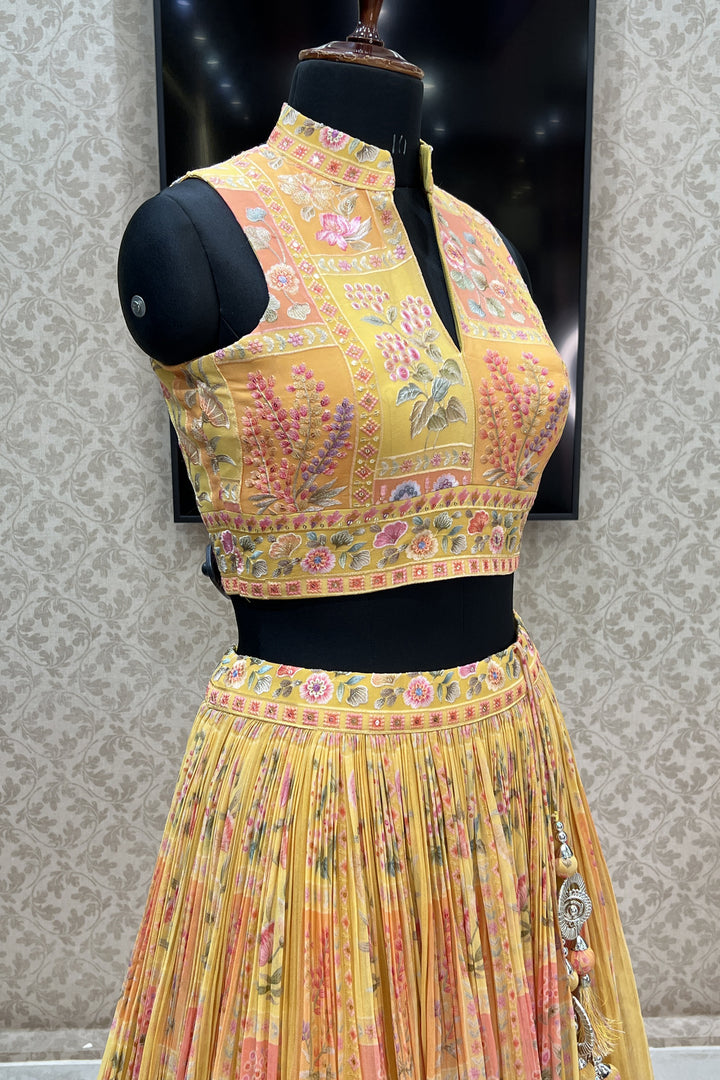 Yellow Multicolor Embroidery work with Digital Print Crop Top Lehenga