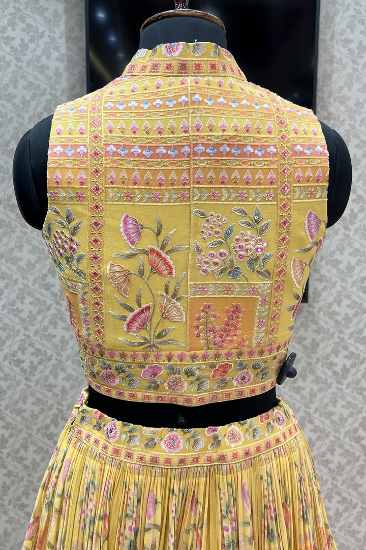 Yellow Multicolor Embroidery work with Digital Print Crop Top Lehenga