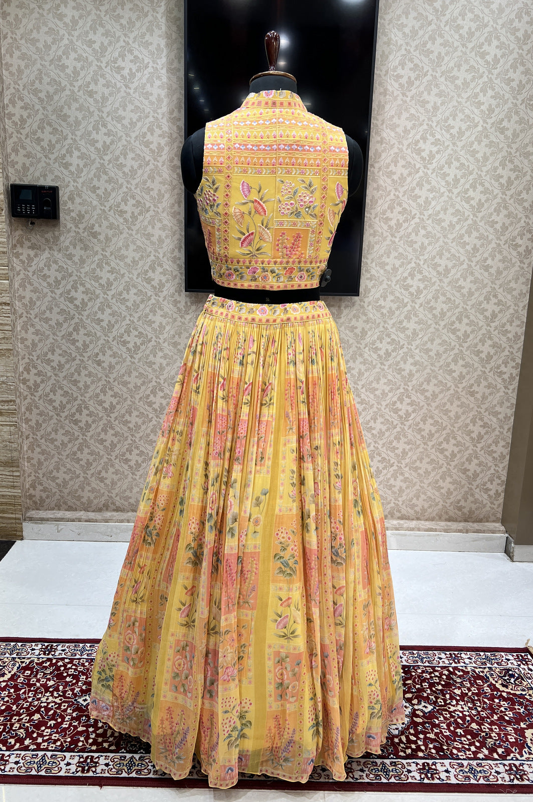 Yellow Multicolor Embroidery work with Digital Print Crop Top Lehenga