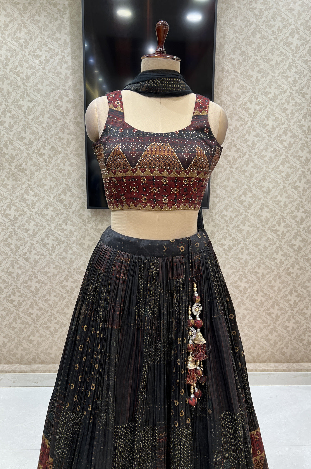 Multicolor Digital Print and Sequins work Crop Top Lehenga