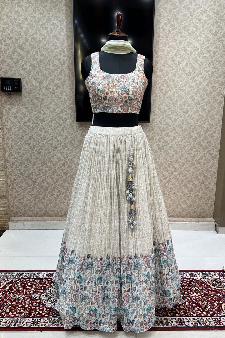 Cream Zari and Mirror work with Digital Print Crop Top Lehenga