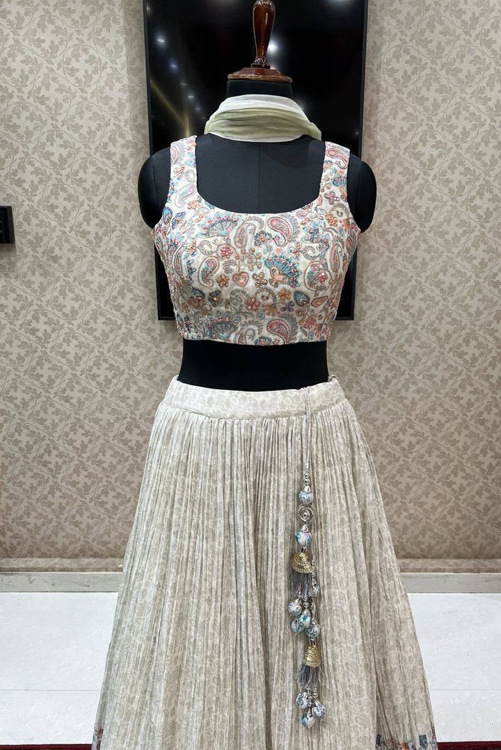 Cream Zari and Mirror work with Digital Print Crop Top Lehenga