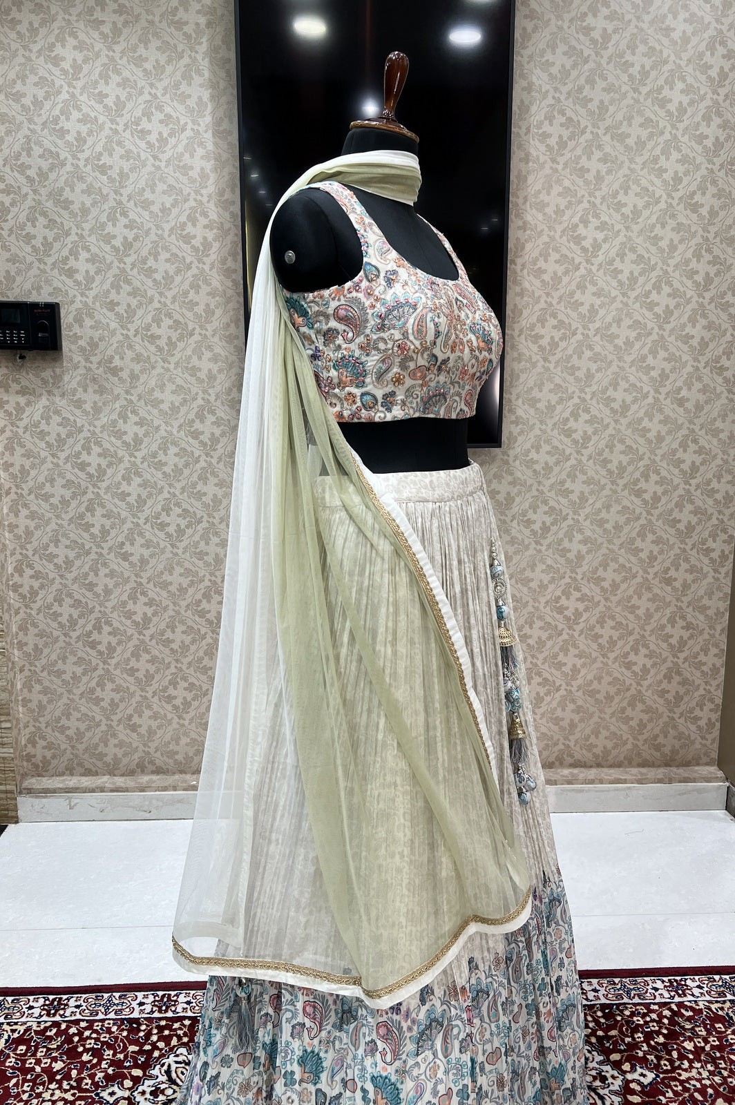 Cream Zari and Mirror work with Digital Print Crop Top Lehenga