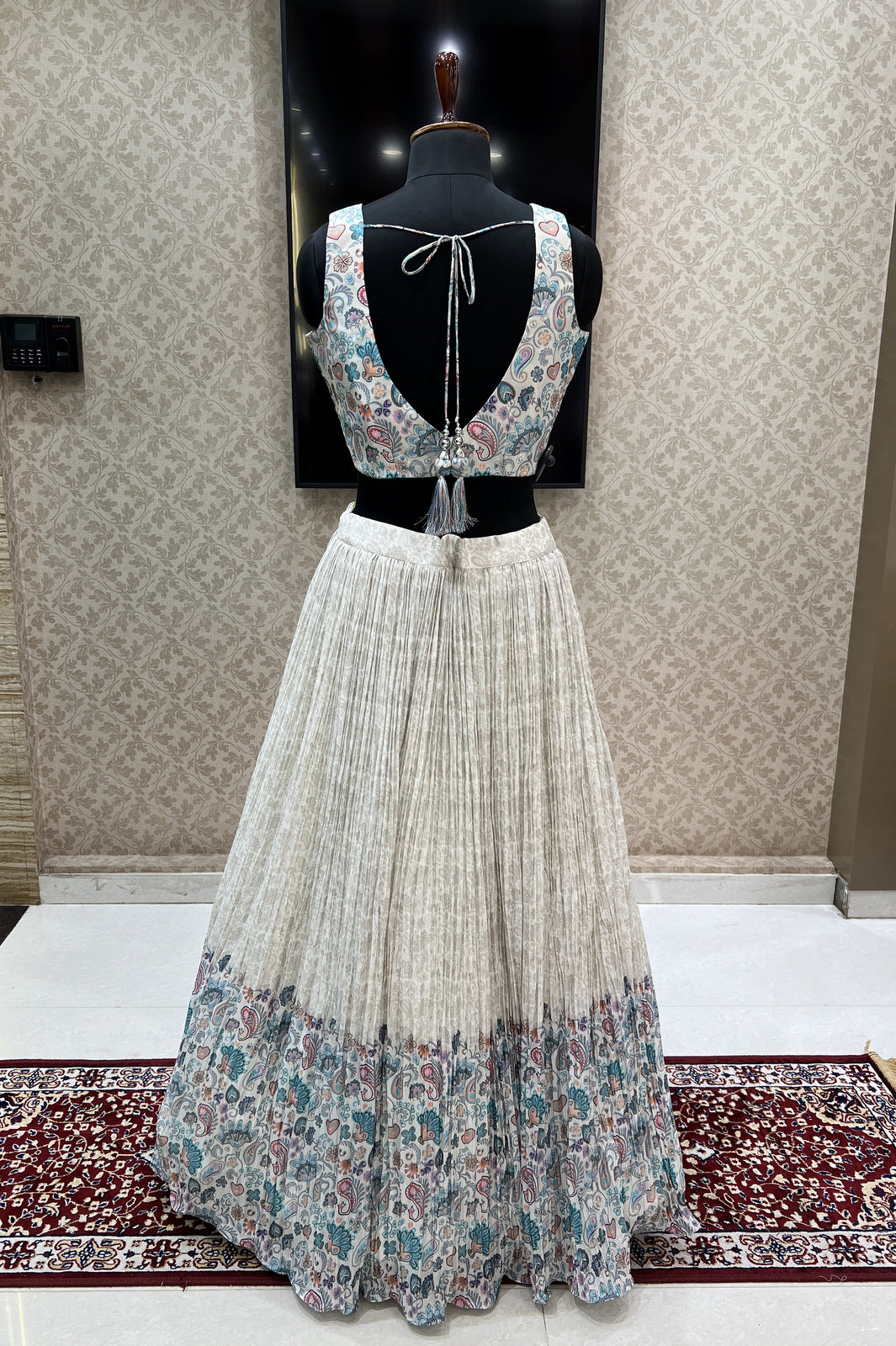 Cream Zari and Mirror work with Digital Print Crop Top Lehenga