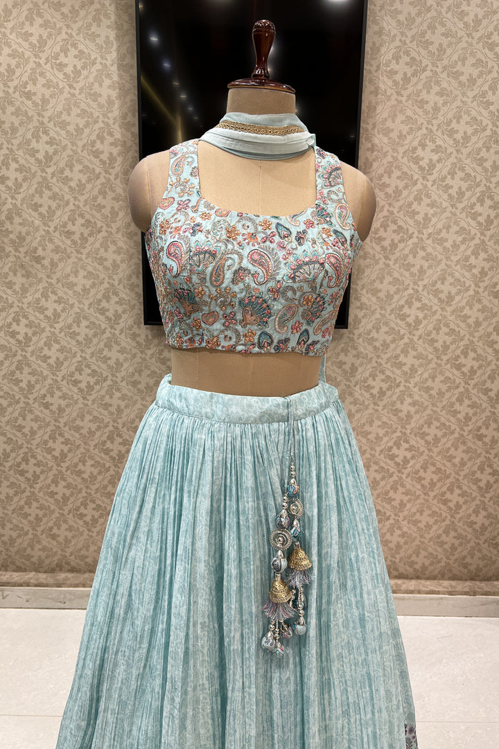 Sky Blue Zari and Mirror work with Digital Print Crop Top Lehenga