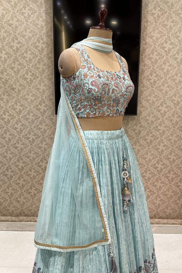 Sky Blue Zari and Mirror work with Digital Print Crop Top Lehenga