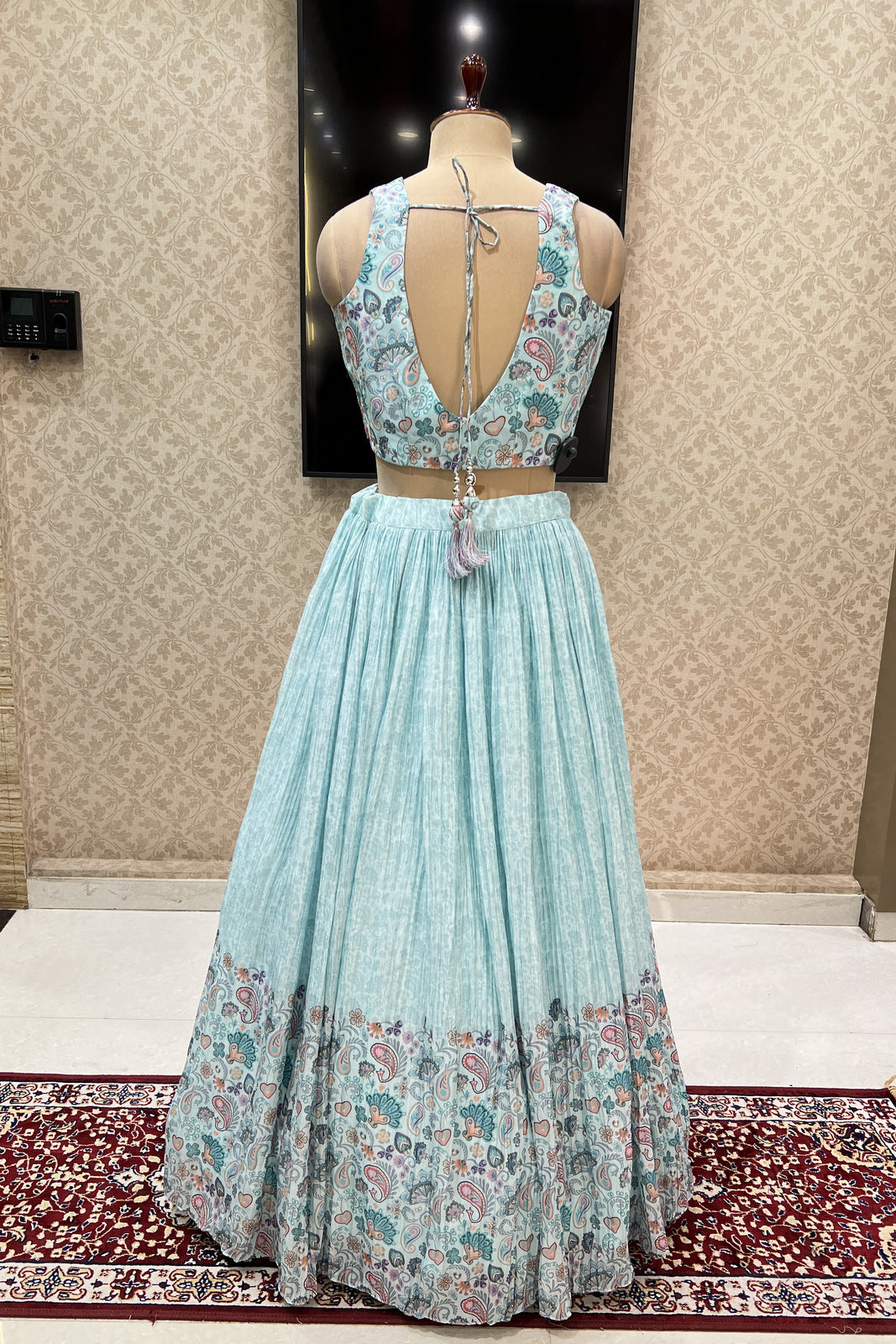 Sky Blue Zari and Mirror work with Digital Print Crop Top Lehenga