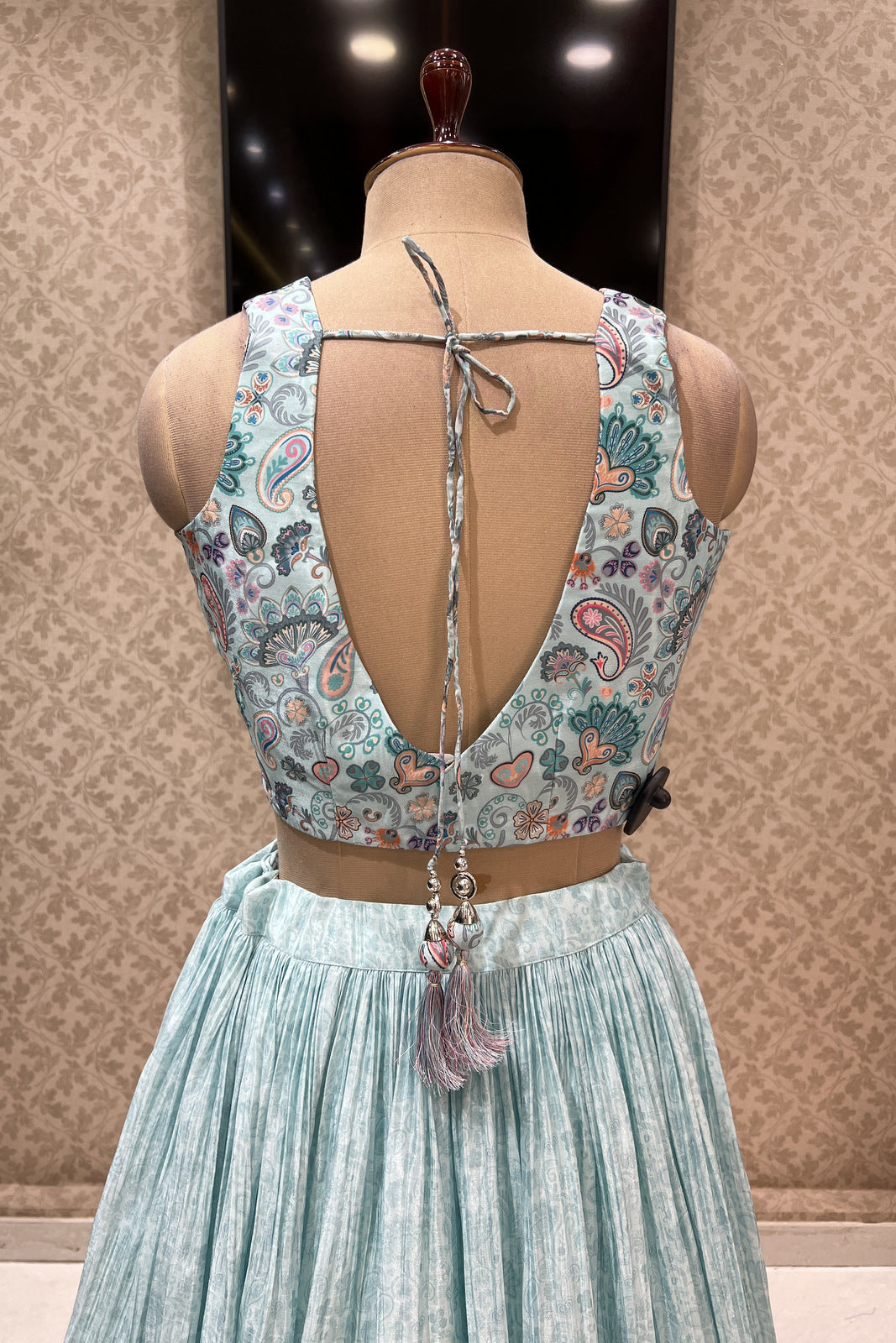 Sky Blue Zari and Mirror work with Digital Print Crop Top Lehenga