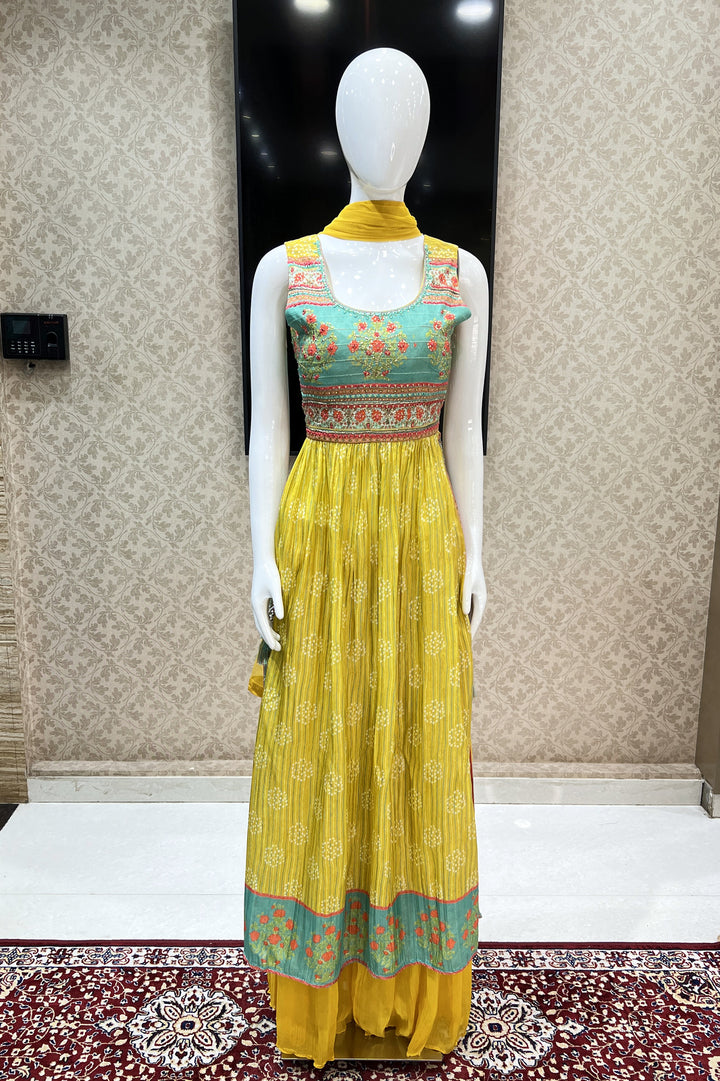 Yellow with Green Mirror and Sequins work with Digital Print Salwar Suit with Palazzo Pants