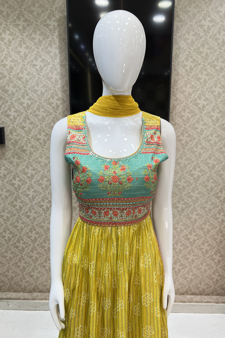 Yellow with Green Mirror and Sequins work with Digital Print Salwar Suit with Palazzo Pants