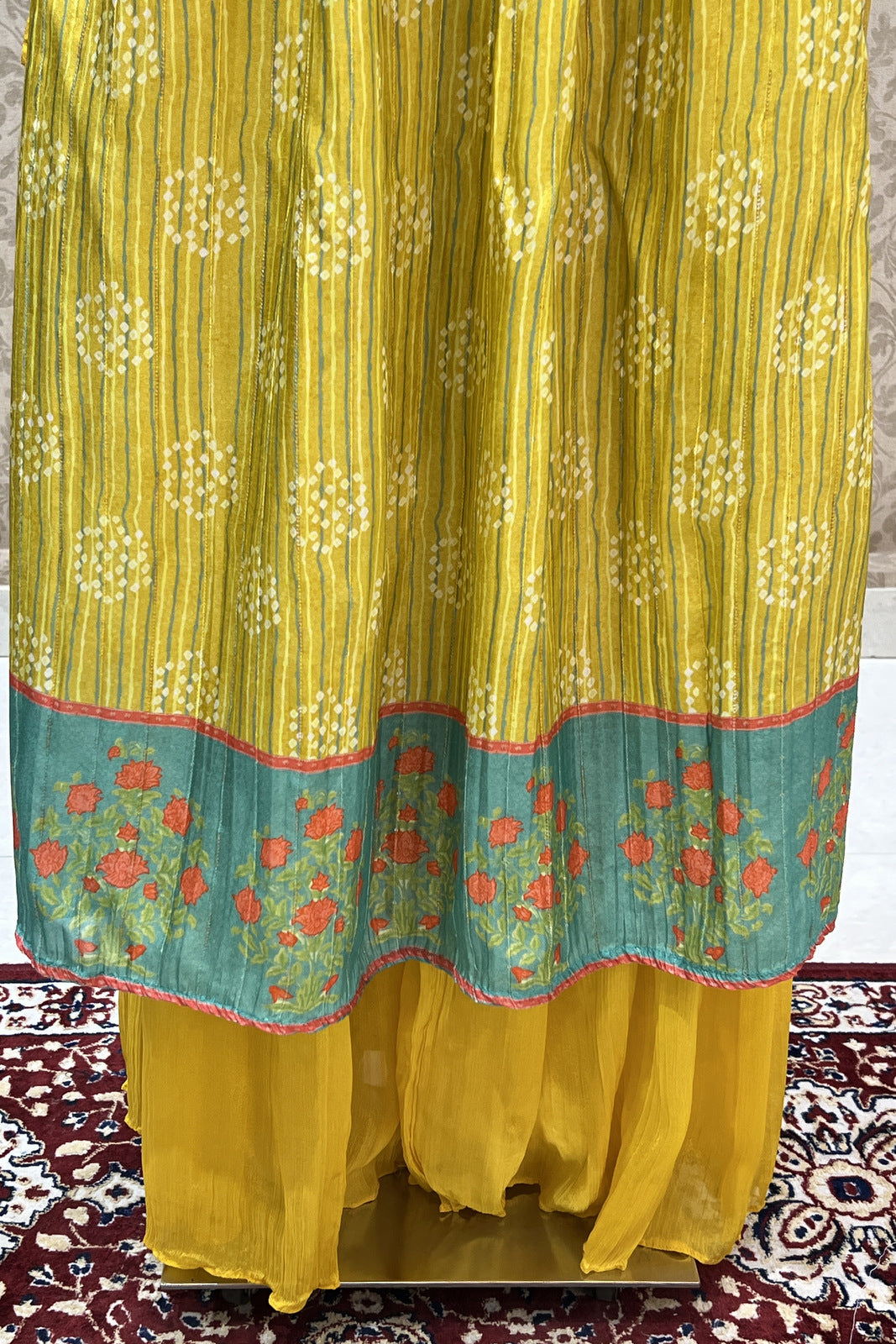 Yellow with Green Mirror and Sequins work with Digital Print Salwar Suit with Palazzo Pants