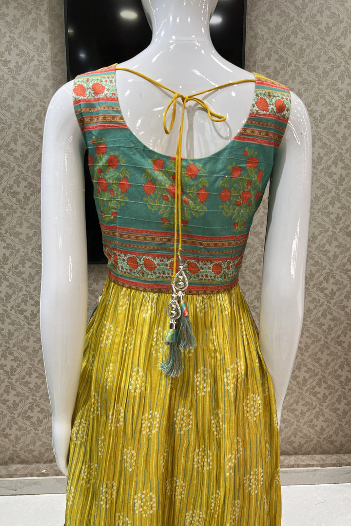 Yellow with Green Mirror and Sequins work with Digital Print Salwar Suit with Palazzo Pants