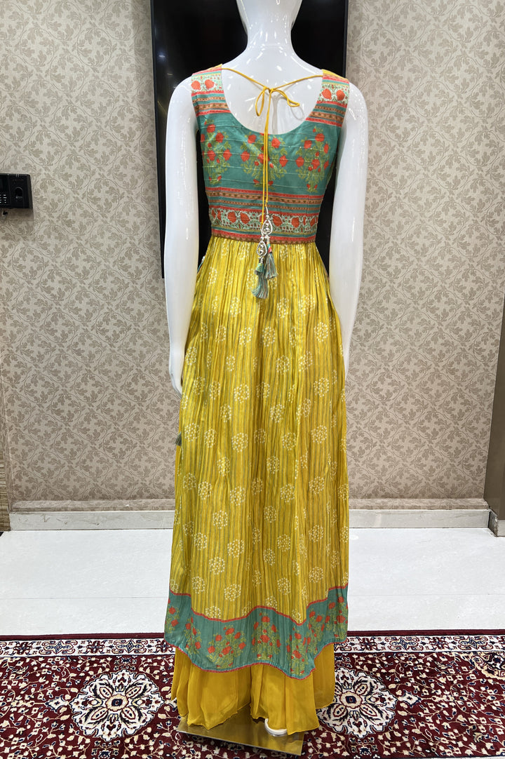 Yellow with Green Mirror and Sequins work with Digital Print Salwar Suit with Palazzo Pants