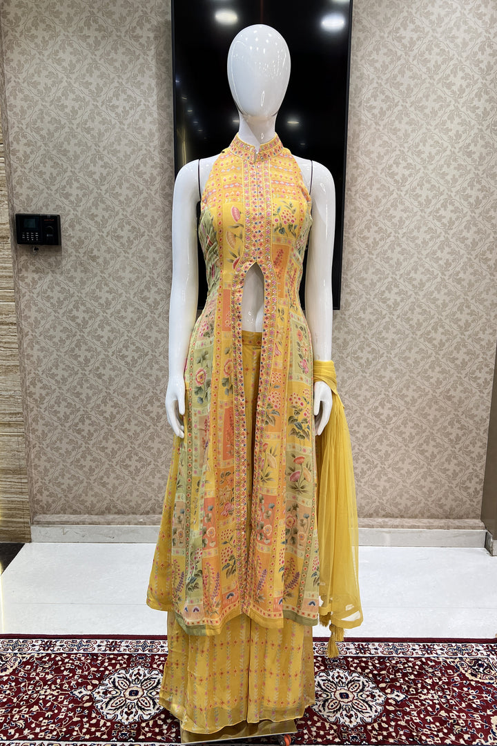 Yellow Sequins work with Digital Print Salwar Suit with Palazzo Pants