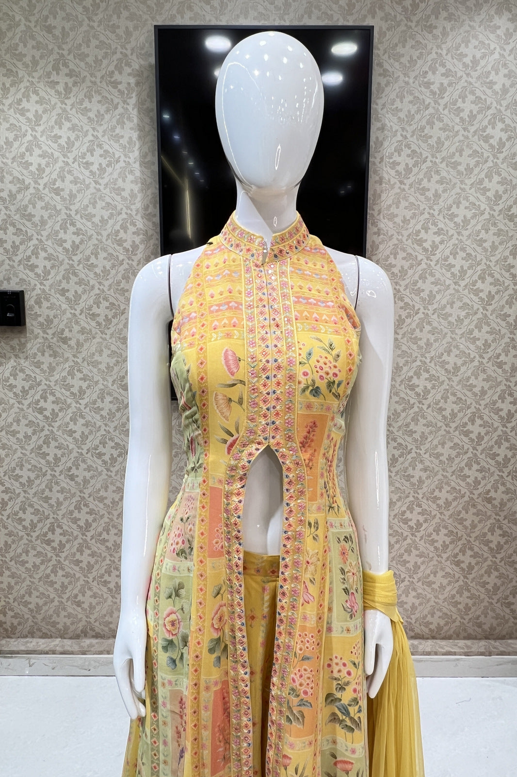 Yellow Sequins work with Digital Print Salwar Suit with Palazzo Pants