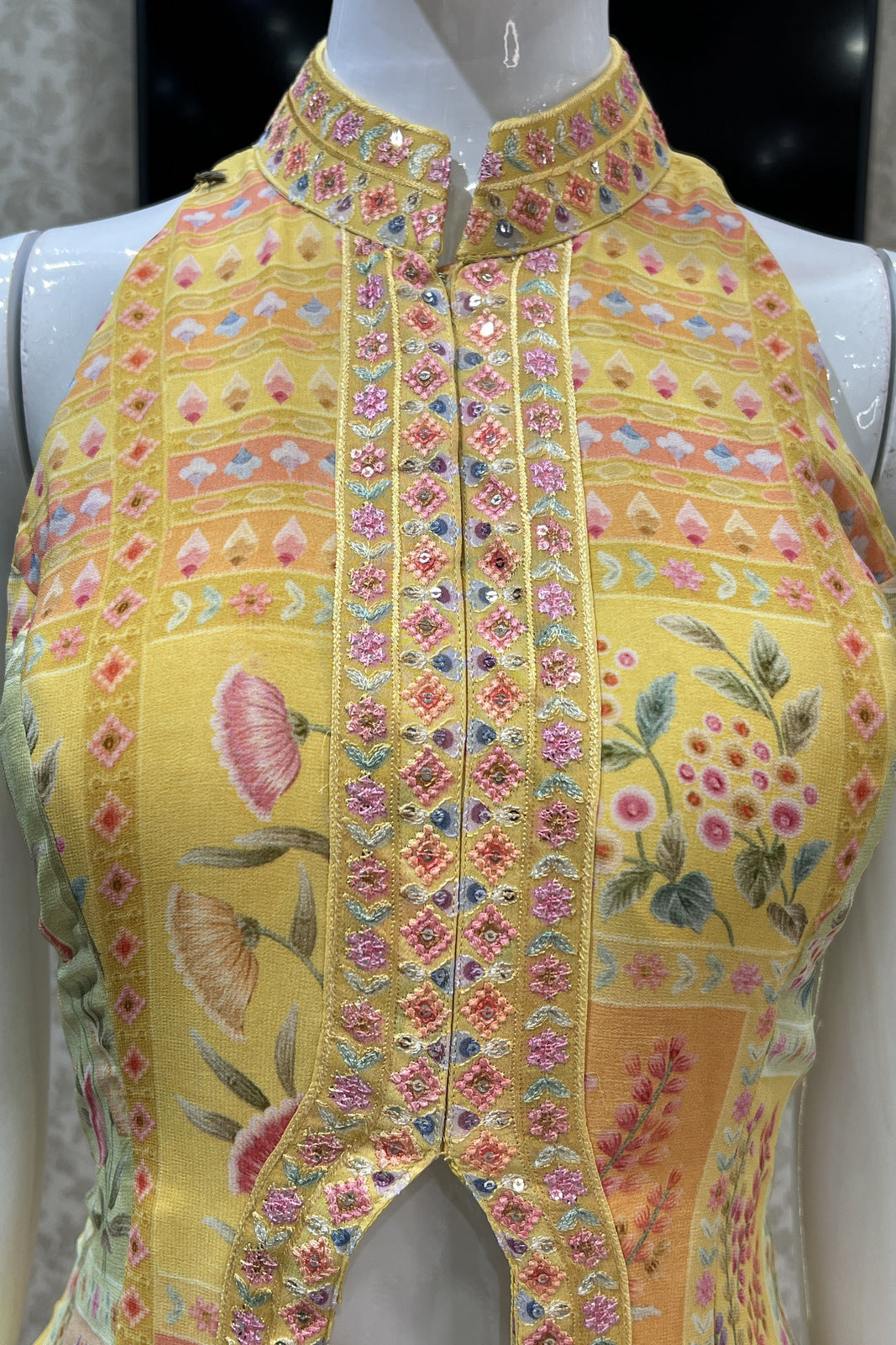 Yellow Sequins work with Digital Print Salwar Suit with Palazzo Pants