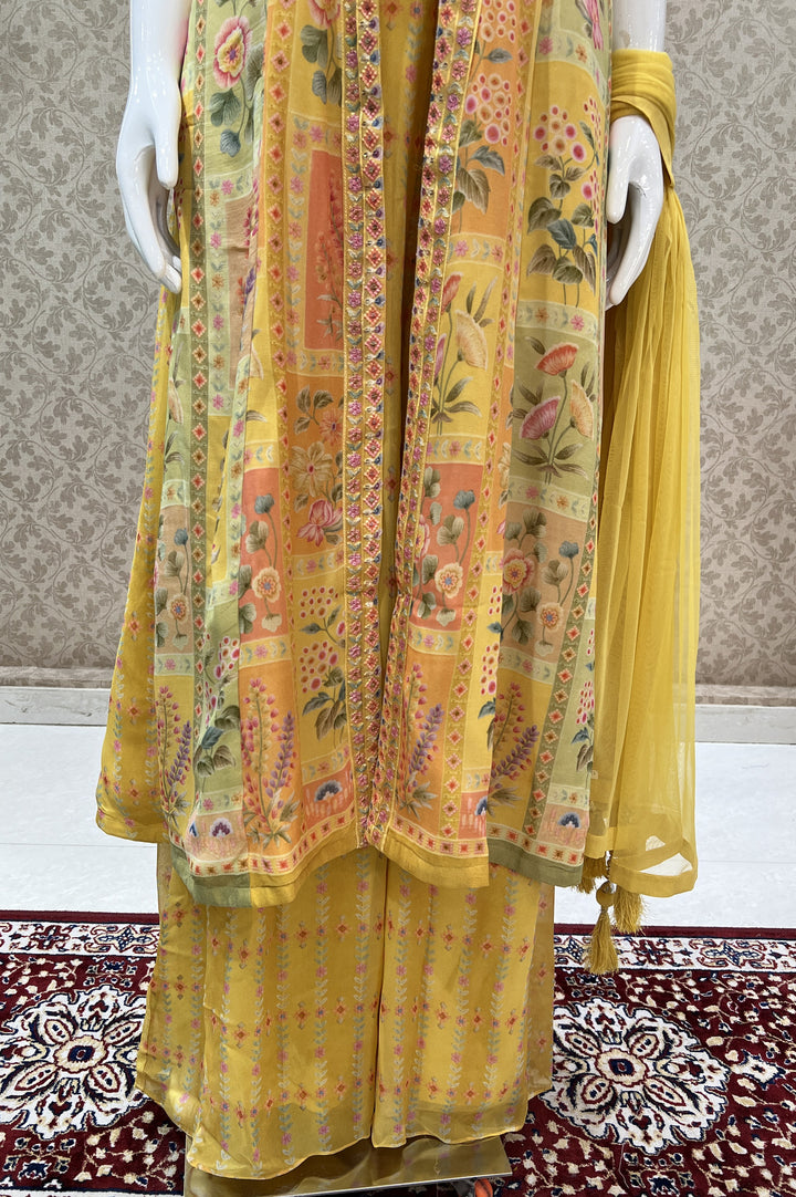 Yellow Sequins work with Digital Print Salwar Suit with Palazzo Pants