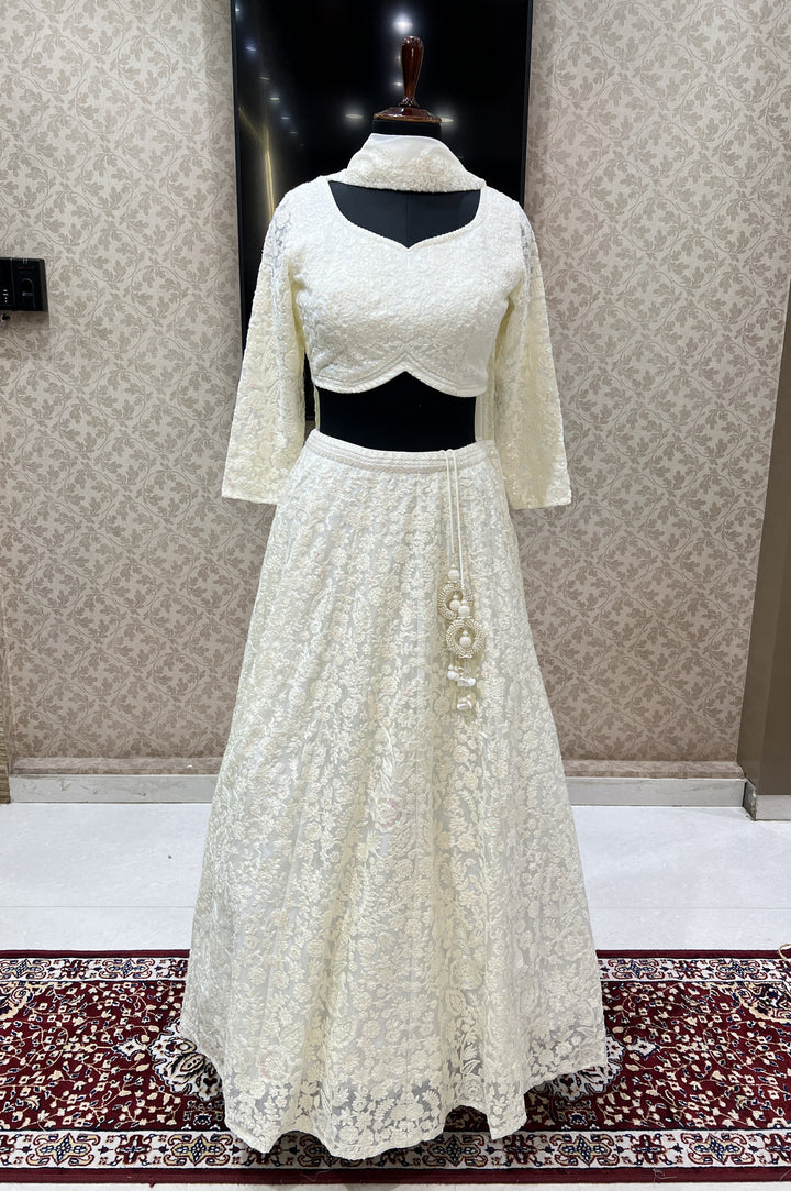 Cream Embroidery and Sequins work Crop Top Lehenga