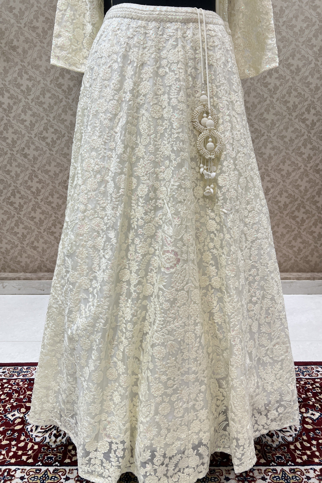 Cream Embroidery and Sequins work Crop Top Lehenga