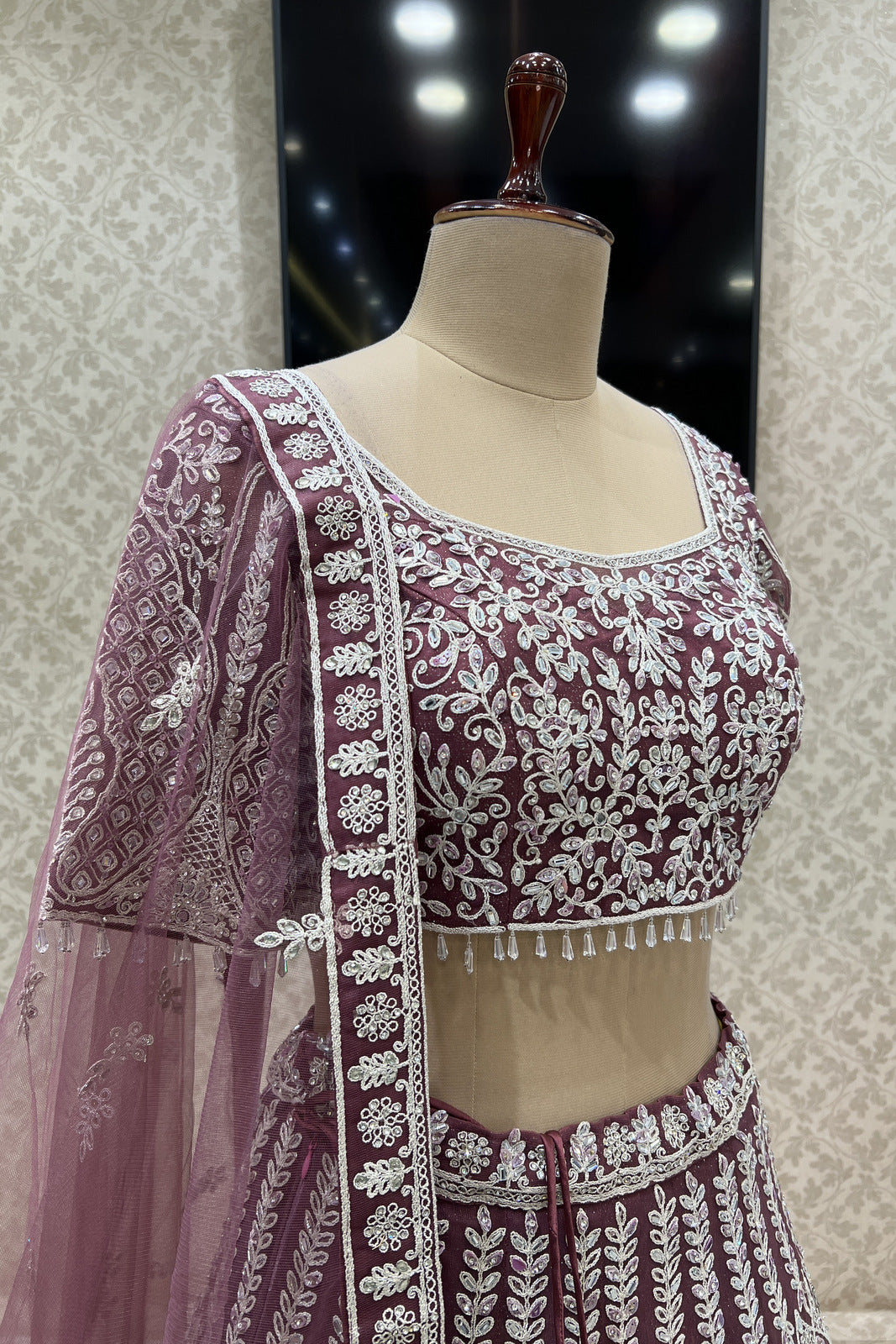 Onion Beads, Zari Thread and Stone work Crop Top Designer Bridal Lehenga