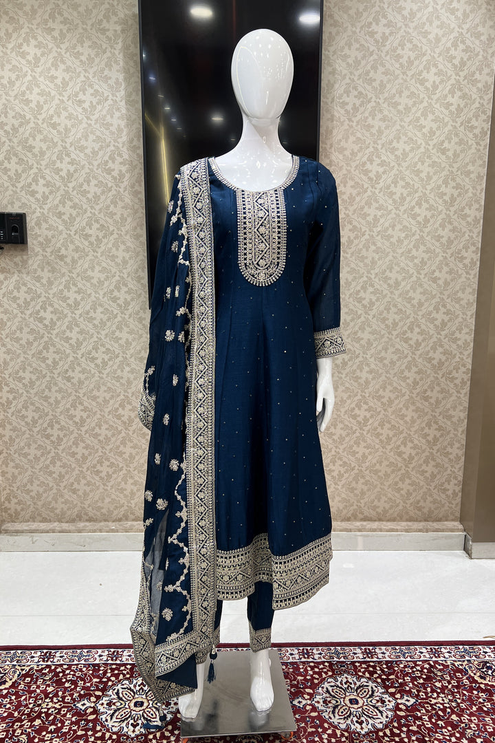 Peacock Blue Sequins and Zari Thread work Anarkali Style Salwar Suit