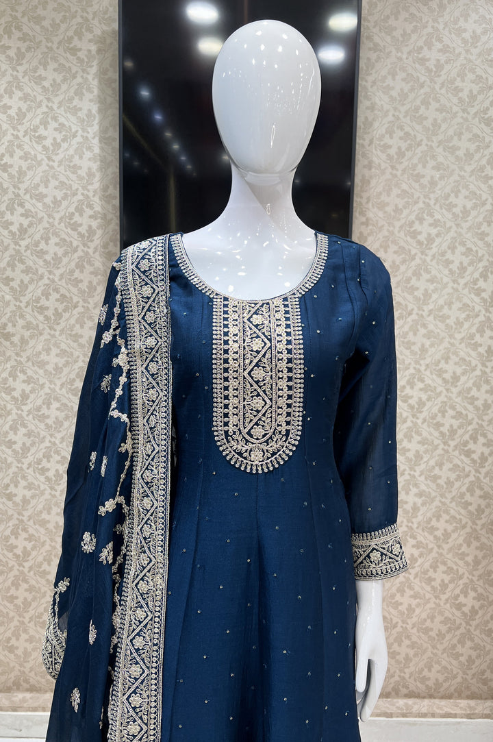 Peacock Blue Sequins and Zari Thread work Anarkali Style Salwar Suit