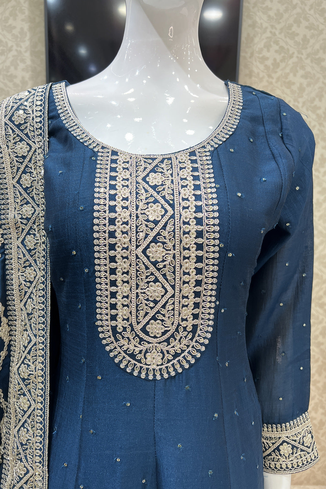 Peacock Blue Sequins and Zari Thread work Anarkali Style Salwar Suit