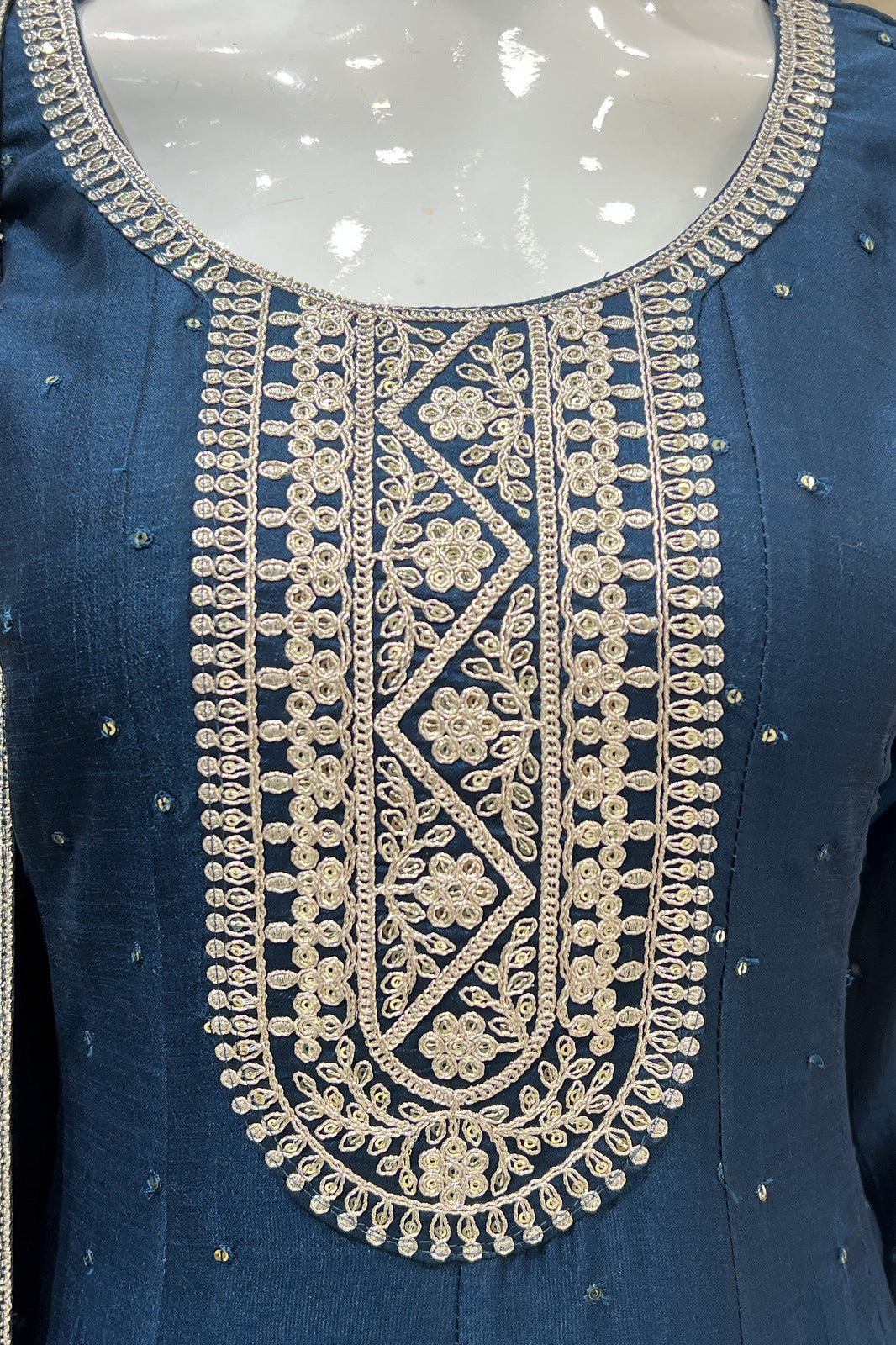 Peacock Blue Sequins and Zari Thread work Anarkali Style Salwar Suit