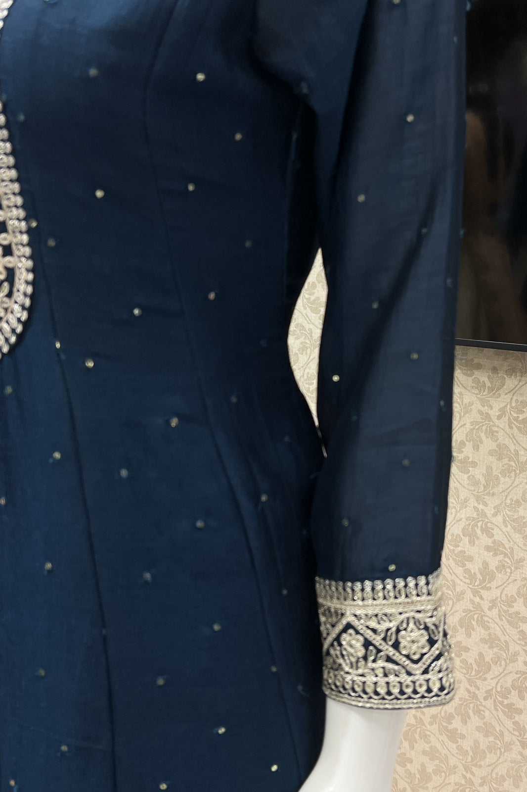 Peacock Blue Sequins and Zari Thread work Anarkali Style Salwar Suit