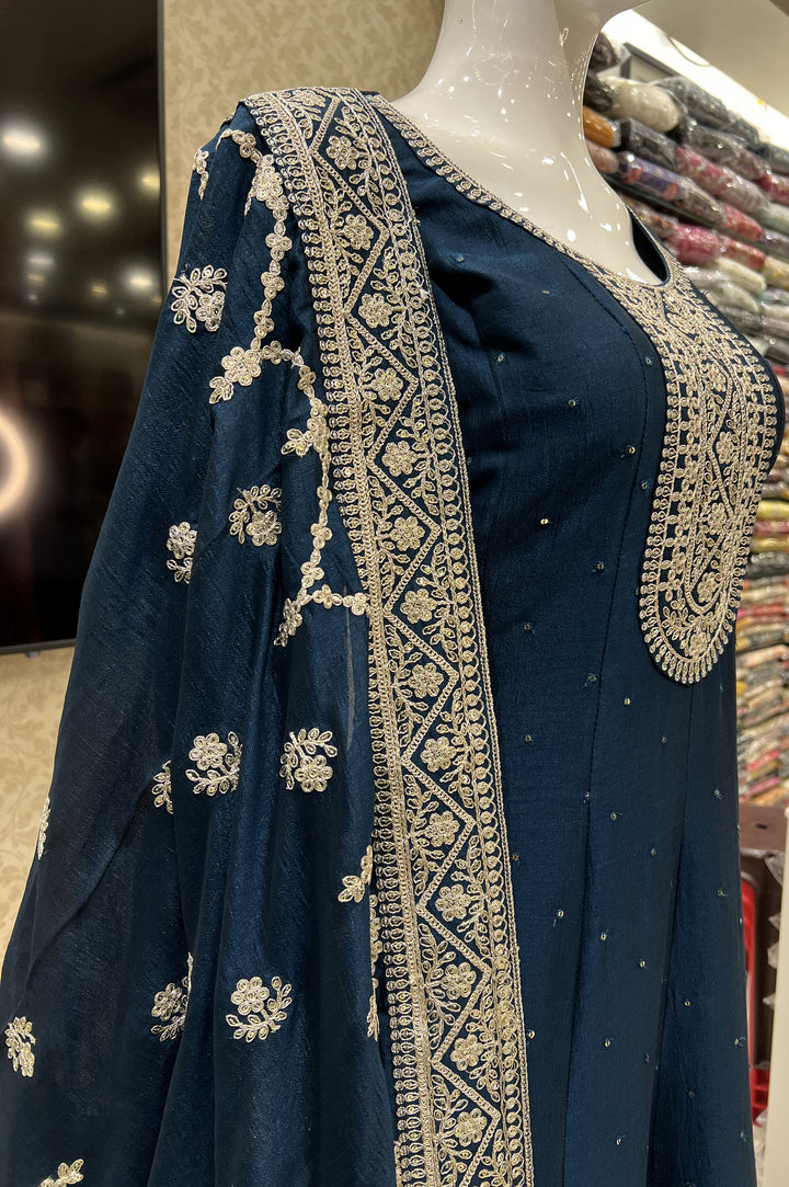 Peacock Blue Sequins and Zari Thread work Anarkali Style Salwar Suit