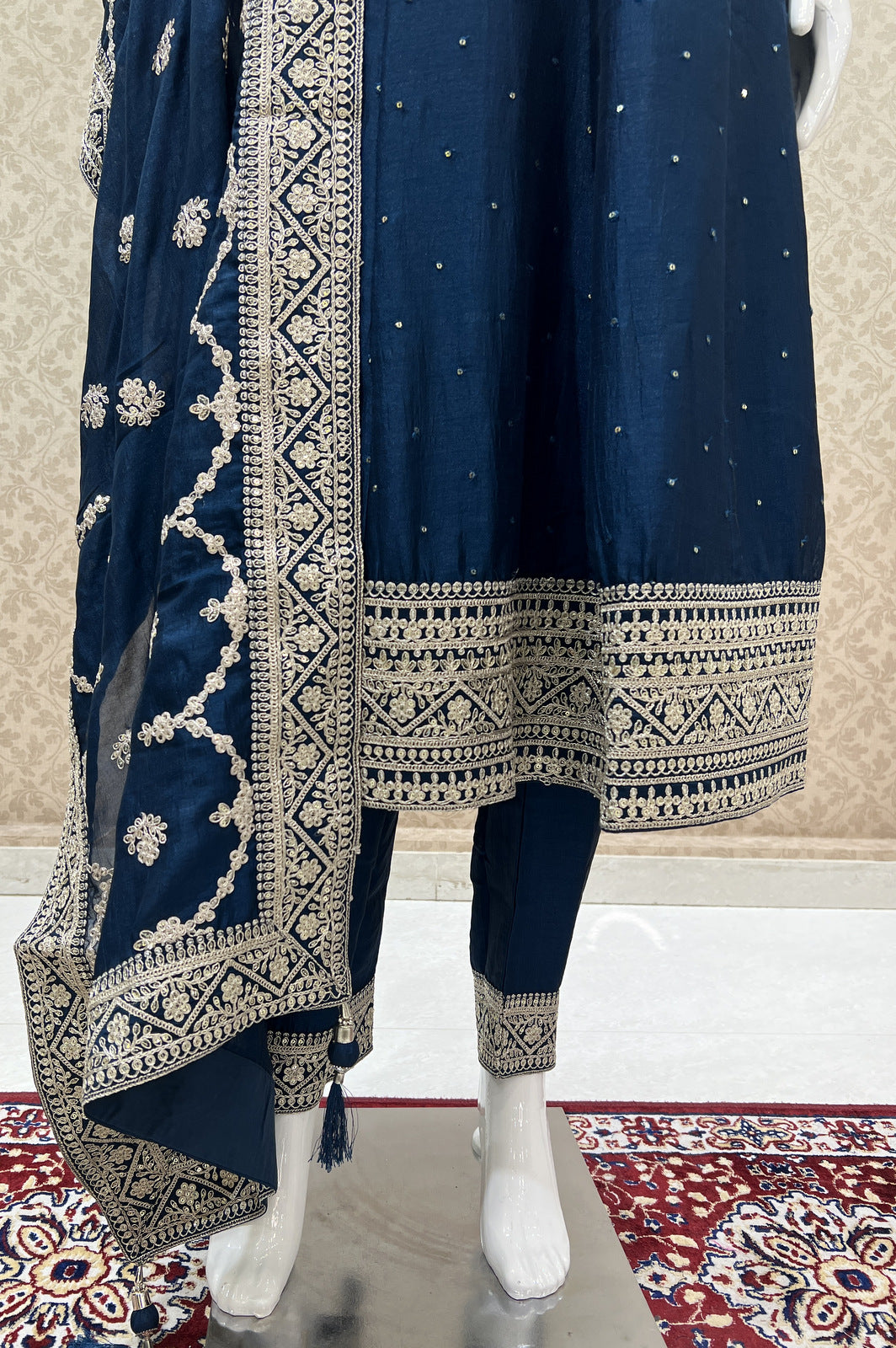 Peacock Blue Sequins and Zari Thread work Anarkali Style Salwar Suit