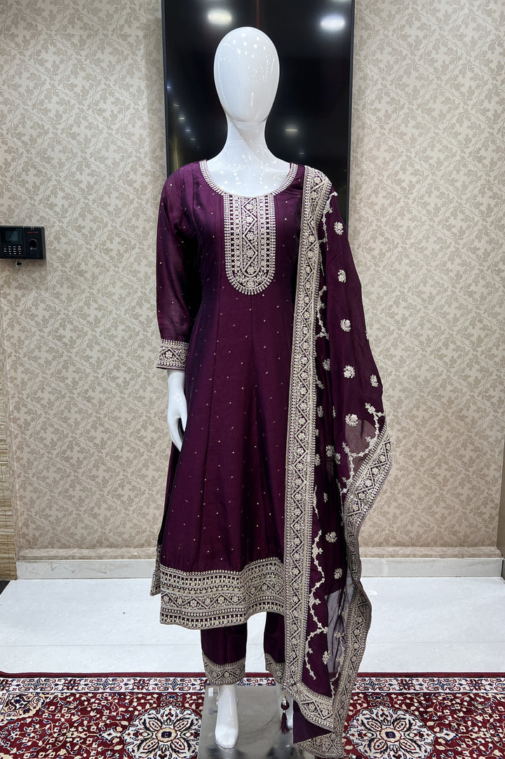 Wine Sequins and Zari Thread work Anarkali Style Salwar Suit