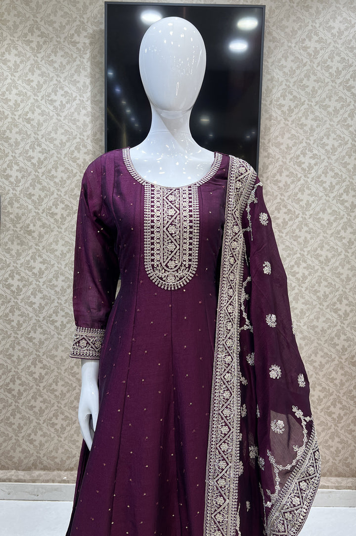 Wine Sequins and Zari Thread work Anarkali Style Salwar Suit