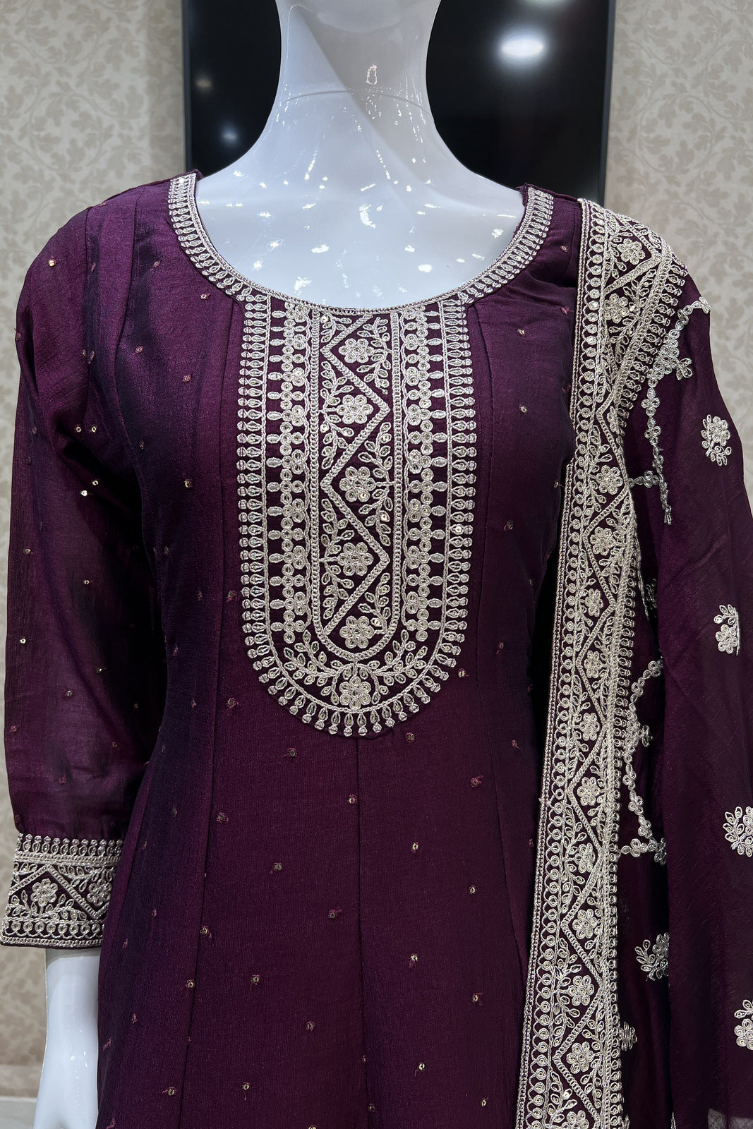 Wine Sequins and Zari Thread work Anarkali Style Salwar Suit