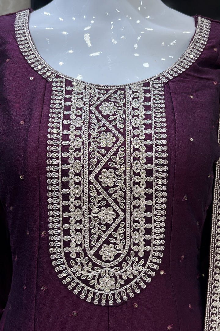 Wine Sequins and Zari Thread work Anarkali Style Salwar Suit