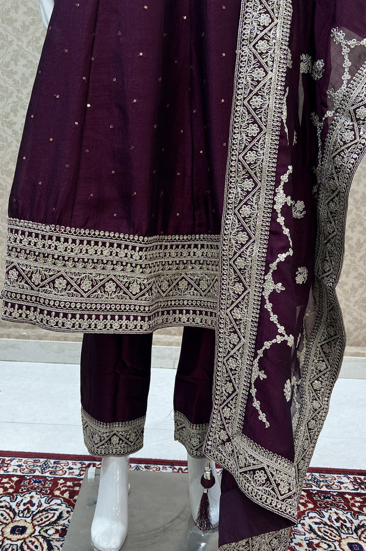 Wine Sequins and Zari Thread work Anarkali Style Salwar Suit