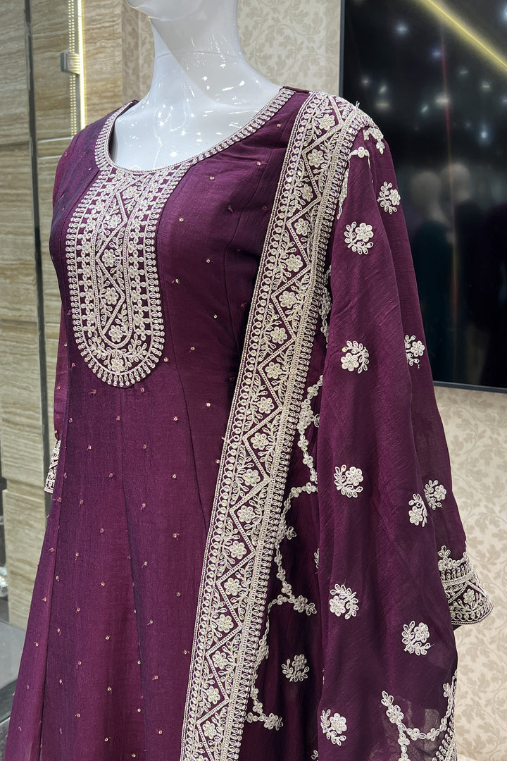 Wine Sequins and Zari Thread work Anarkali Style Salwar Suit