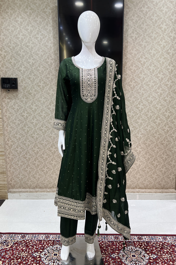 Bottle Green Sequins and Zari Thread work Anarkali Style Salwar Suit