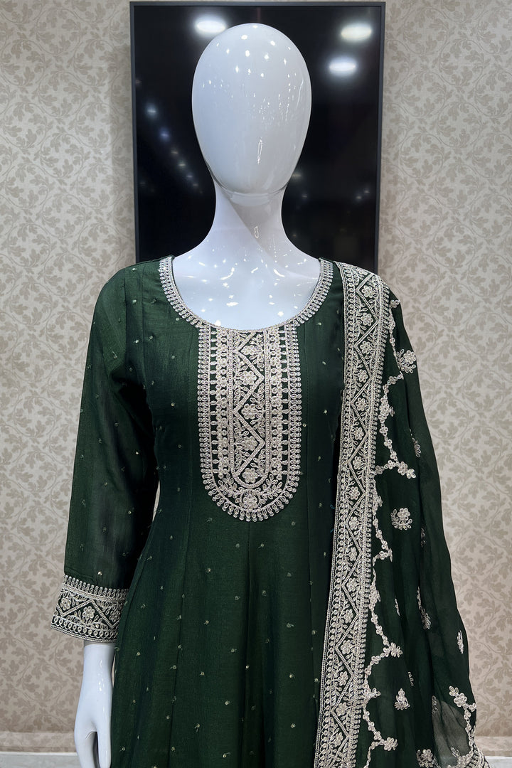 Bottle Green Sequins and Zari Thread work Anarkali Style Salwar Suit