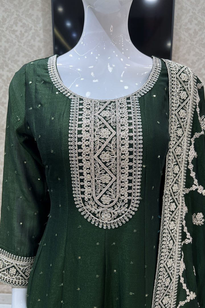 Bottle Green Sequins and Zari Thread work Anarkali Style Salwar Suit