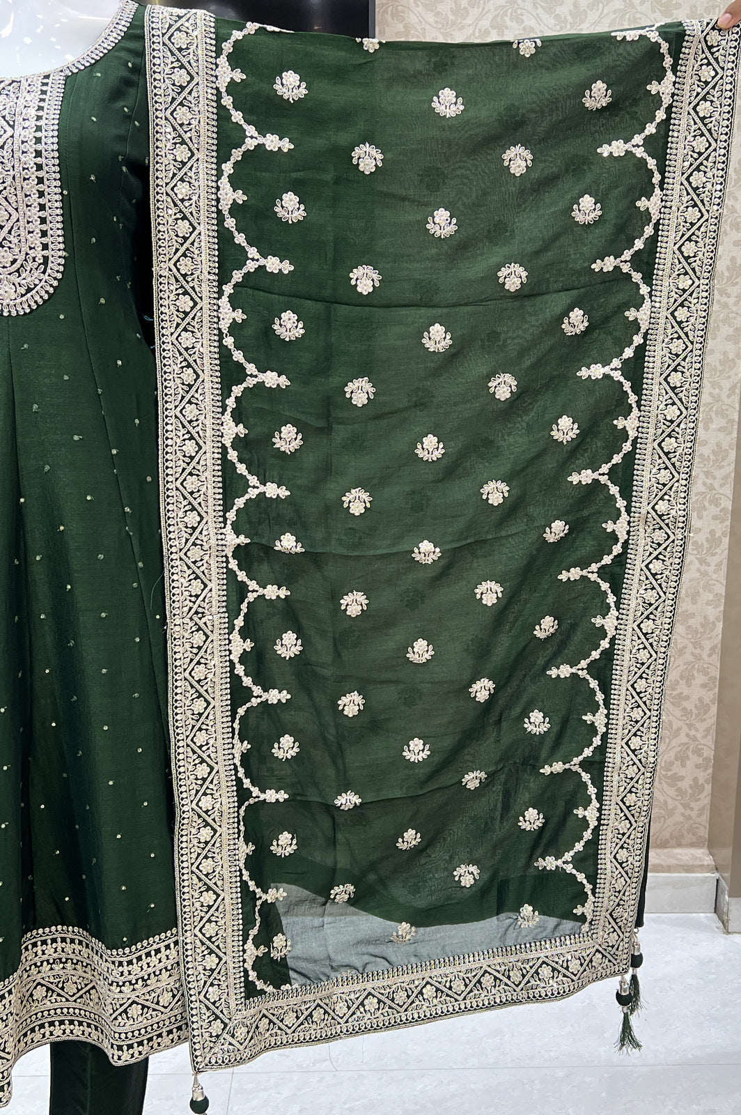 Bottle Green Sequins and Zari Thread work Anarkali Style Salwar Suit