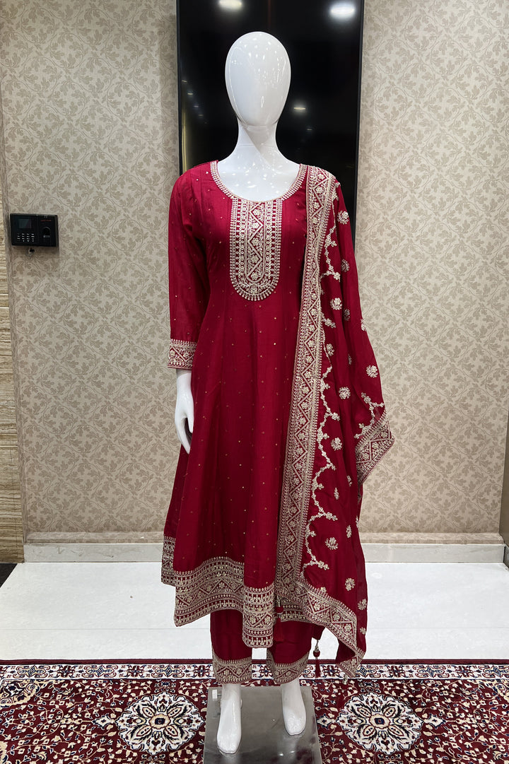 Rani Pink Sequins and Zari Thread work Anarkali Style Salwar Suit