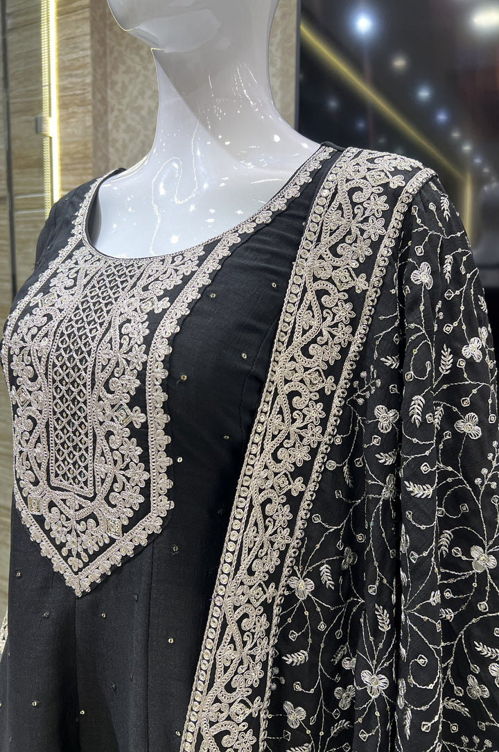 Black Sequins and Zari Thread work Anarkali Style Salwar Suit