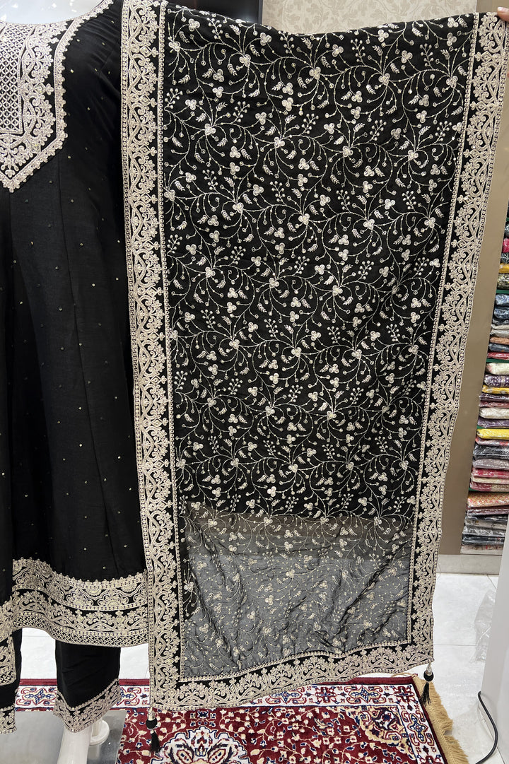 Black Sequins and Zari Thread work Anarkali Style Salwar Suit