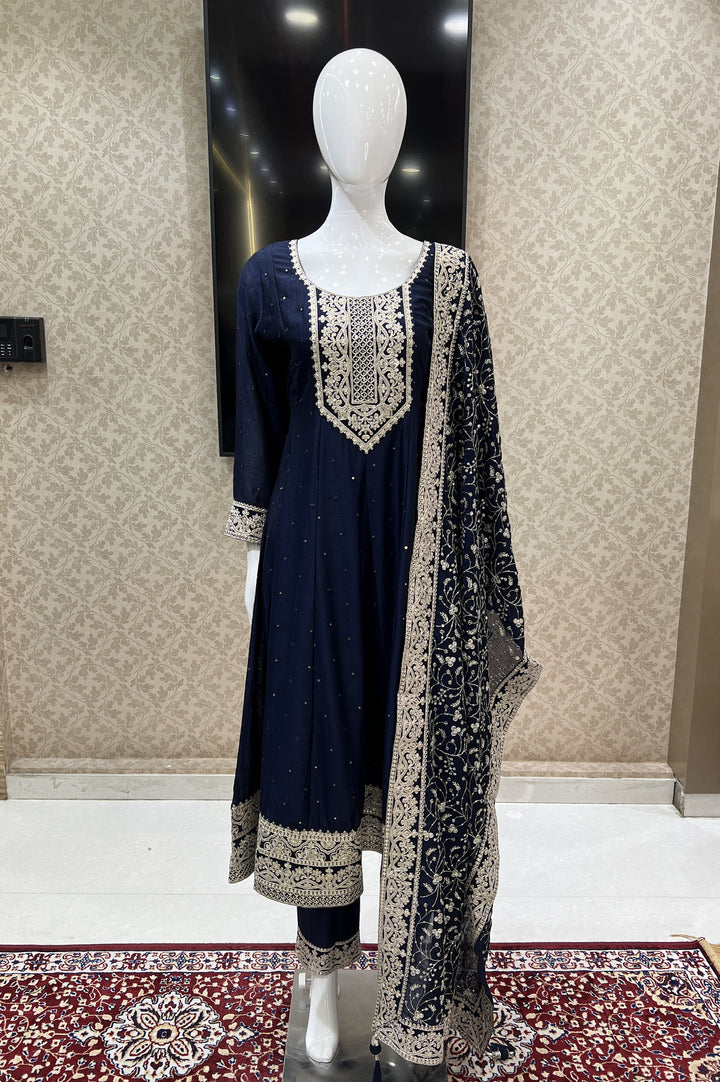 Navy Blue Sequins and Zari Thread work Anarkali Style Salwar Suit