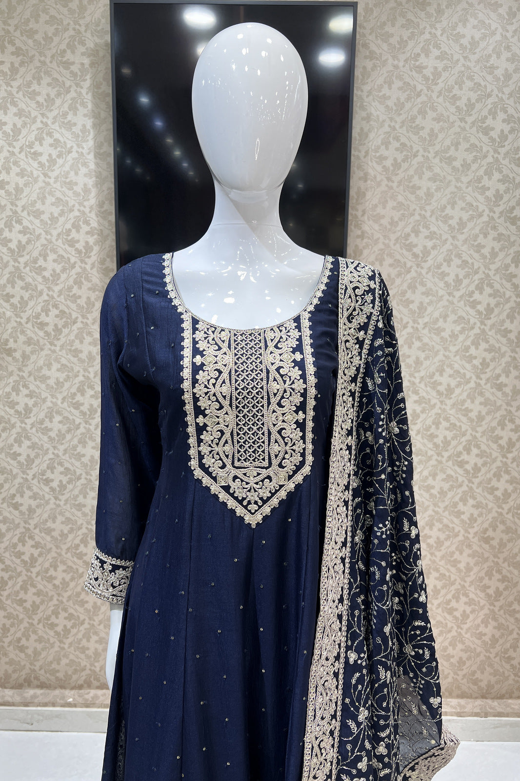 Navy Blue Sequins and Zari Thread work Anarkali Style Salwar Suit