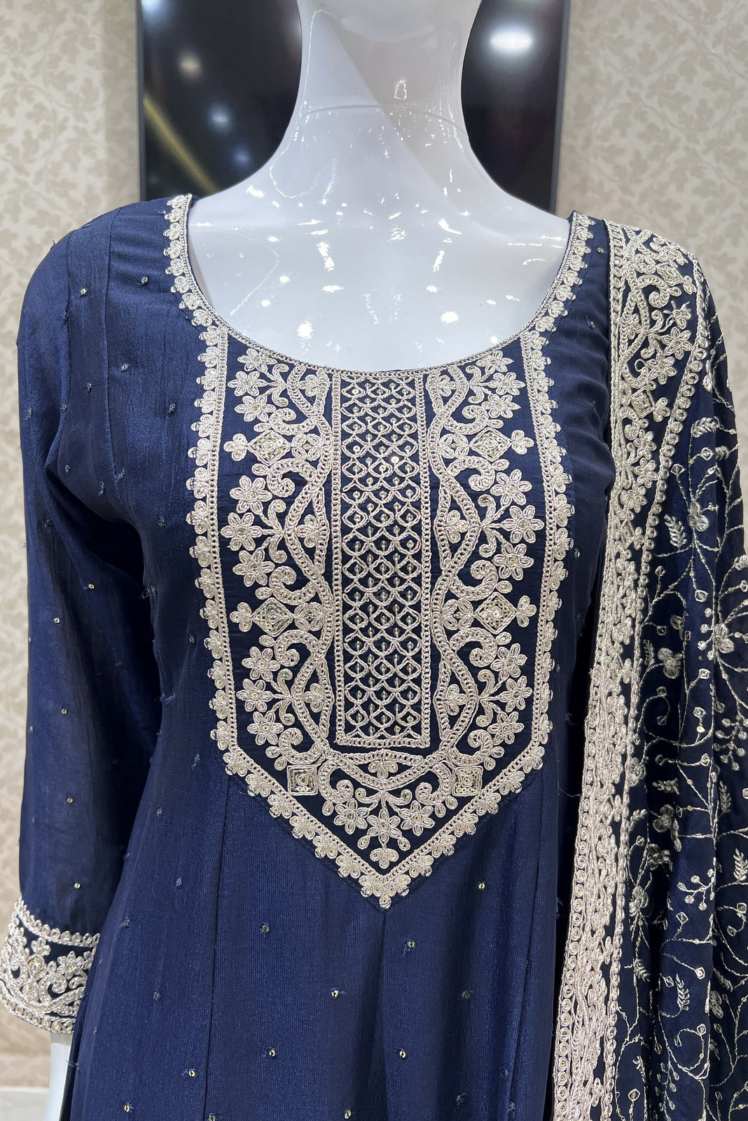 Navy Blue Sequins and Zari Thread work Anarkali Style Salwar Suit