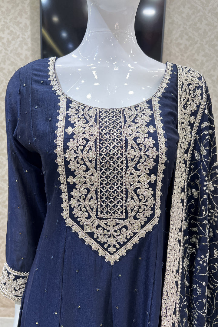 Navy Blue Sequins and Zari Thread work Anarkali Style Salwar Suit