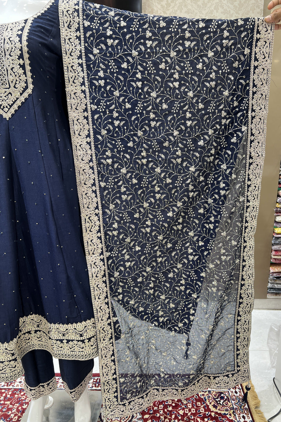 Navy Blue Sequins and Zari Thread work Anarkali Style Salwar Suit