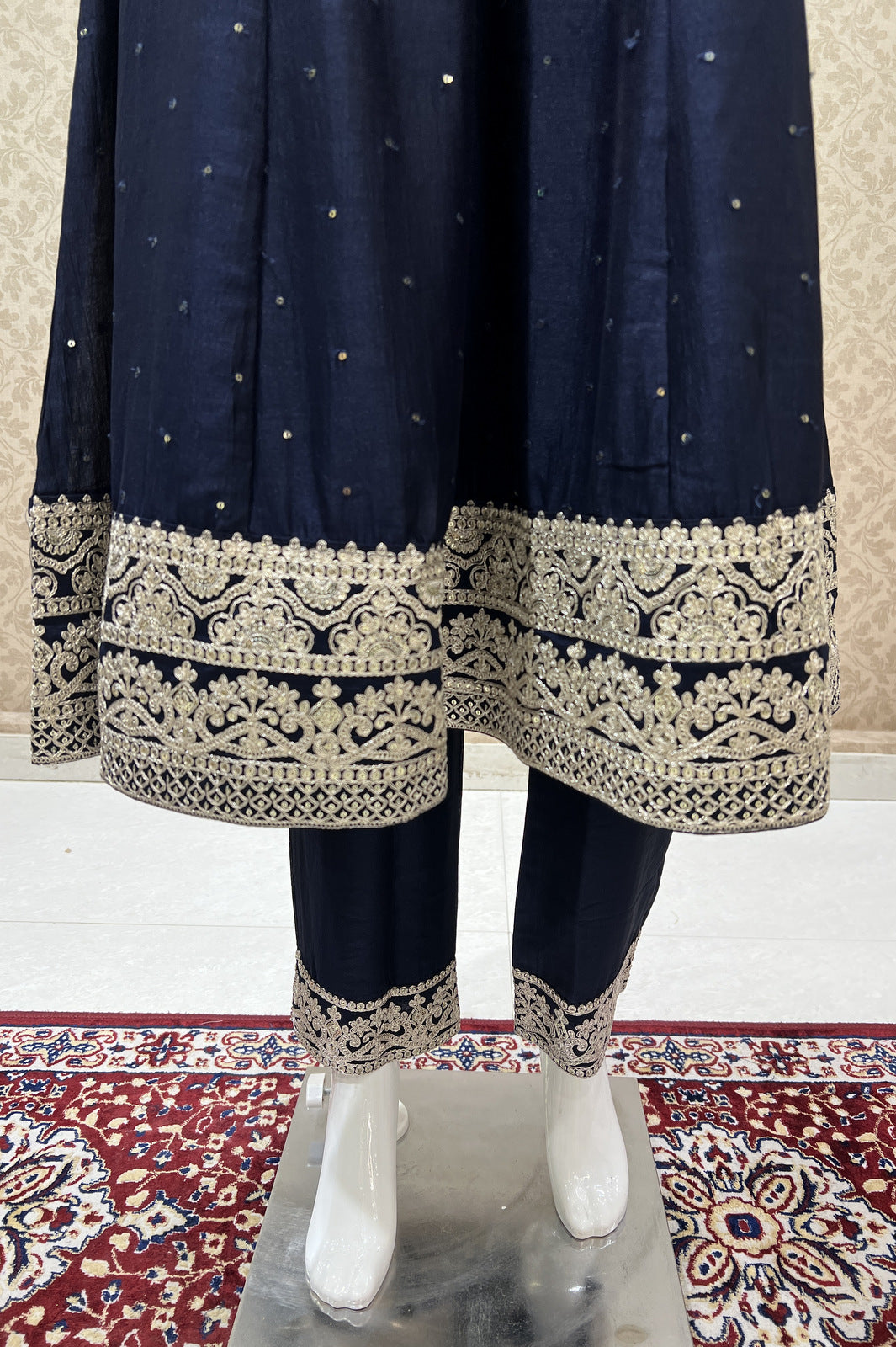 Navy Blue Sequins and Zari Thread work Anarkali Style Salwar Suit